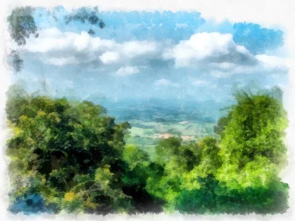 Landscape Mountains Land Watercolor Style Illustration Impressionist Painting —  Fotos de Stock