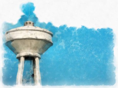 water tower landscape watercolor style illustration impressionist painting.