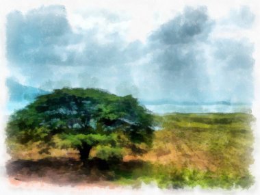 grassland landscape watercolor style illustration impressionist painting.