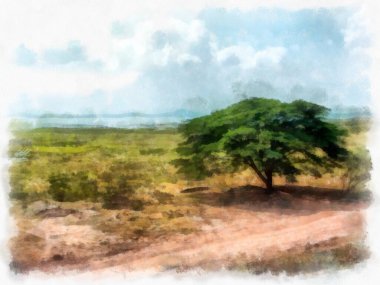 grassland landscape watercolor style illustration impressionist painting.