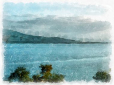 landscape of lakes and mountains watercolor style illustration impressionist painting.