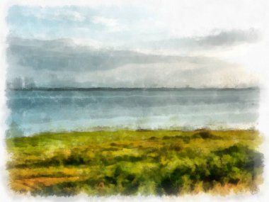 landscape of lakes and mountains watercolor style illustration impressionist painting.