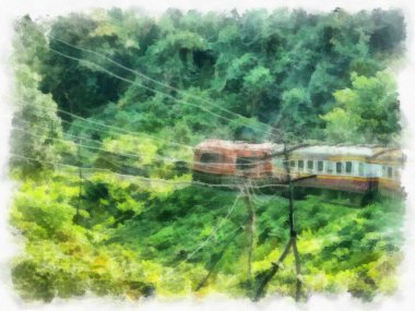 Forest and railway landscape watercolor style illustration impressionist painting