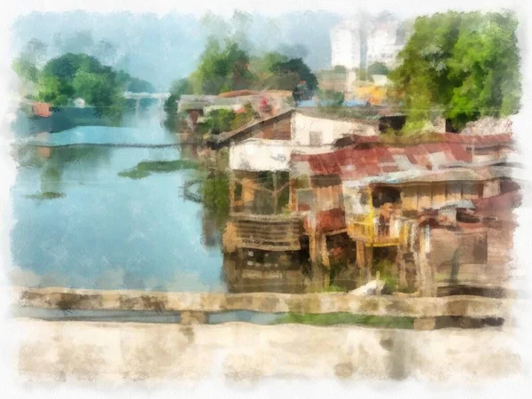 Landscape Slum Community Canal Watercolor Style Illustration Impressionist Painting — Zdjęcie stockowe