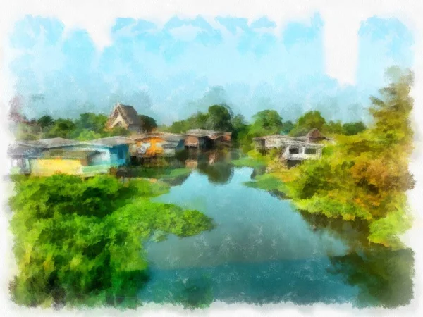 Τοπίο Της Κοινότητας Παραγκουπόλεων Στο Κανάλι Ακουαρέλα Στυλ Εικονογράφηση Ιμπρεσιονιστική — Φωτογραφία Αρχείου