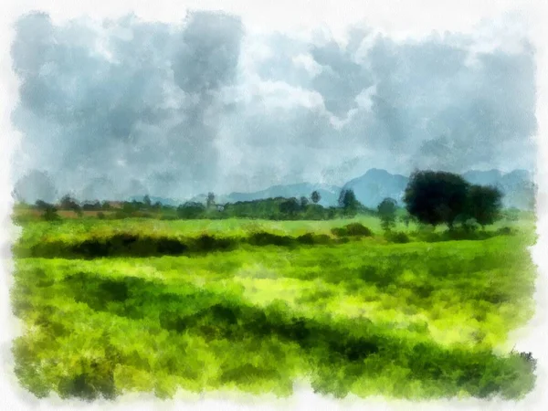 Grassland Landscape Watercolor Style Illustration Impressionist Painting — 图库照片