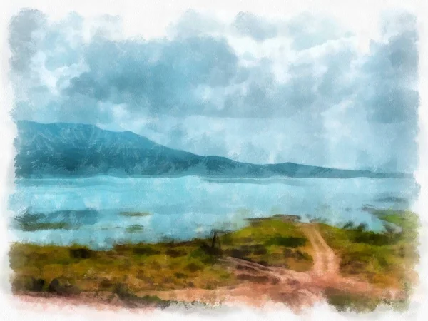 Τοπίο Των Λιμνών Και Των Βουνών Εικονογράφηση Στυλ Ακουαρέλα Ιμπρεσιονιστική — Φωτογραφία Αρχείου
