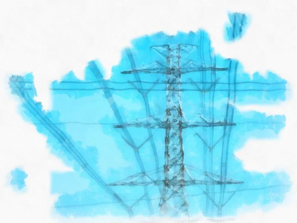 High Voltage Pole Watercolor Style Illustration Impressionist Painting — 图库照片