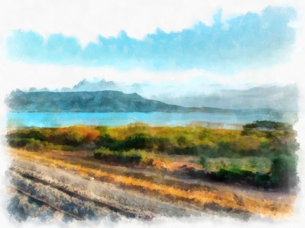Landscape Lakes Mountains Watercolor Style Illustration Impressionist Painting — ストック写真