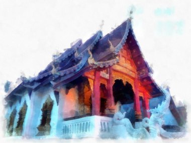 Landscape and scenery of the Ancient Architecture Council in Chiang Mai and tourist attractions of Thailand watercolor style illustration impressionist painting.