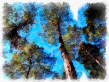Mountain forest landscape and camping watercolor style illustration impressionist painting.