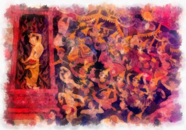 ancient Thai wall painting watercolor style illustration impressionist painting.