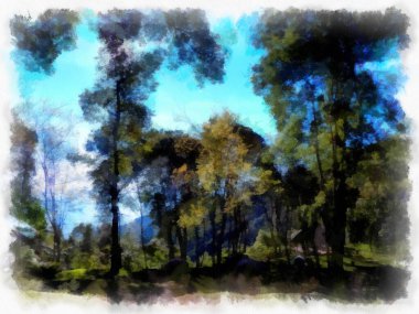 Mountain forest landscape and camping watercolor style illustration impressionist painting.