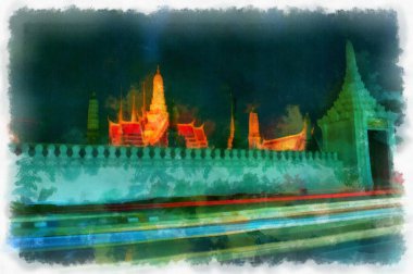 Landscape of ancient Thai architecture watercolor style illustration impressionist painting.