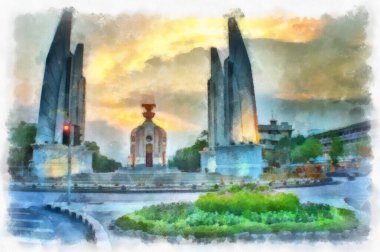 Landscape of Bangkok Democracy Monument watercolor style illustration impressionist painting.