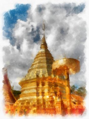 Landscape and scenery of the Ancient Architecture Council in Chiang Mai and tourist attractions of Thailand watercolor style illustration impressionist painting.