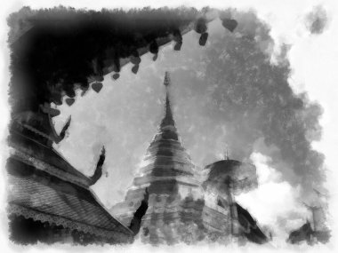 Landscape and scenery of the Ancient Architecture Council in Chiang Mai and tourist attractions of Thailand watercolor style illustration impressionist painting.