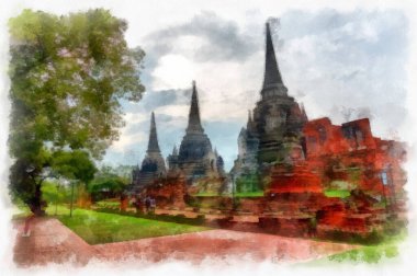 Ayutthaya Dünya Mirası 'ndaki antik harabelerin manzarası suluboya resim empresyonisti.