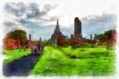 Ayutthaya Dünya Mirası 'ndaki antik harabelerin manzarası suluboya resim empresyonisti.