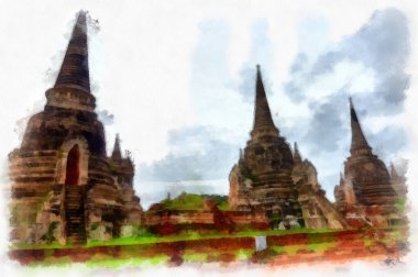 Ayutthaya Dünya Mirası 'ndaki antik harabelerin manzarası suluboya resim empresyonisti.