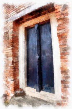 Ayutthaya Dünya Mirası 'ndaki antik harabelerin manzarası suluboya resim empresyonisti.