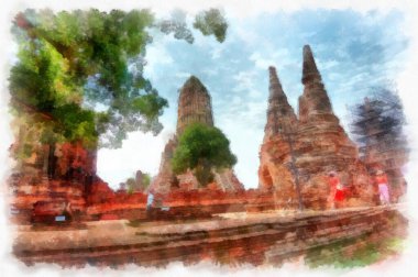 Ayutthaya Dünya Mirası 'ndaki antik harabelerin manzarası suluboya resim empresyonisti.