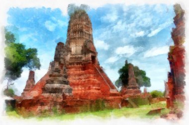 Ayutthaya Dünya Mirası 'ndaki antik harabelerin manzarası suluboya resim empresyonisti.