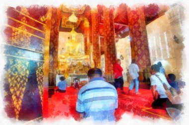 Ayutthaya Dünya Mirası 'ndaki antik harabelerin manzarası suluboya resim empresyonisti.