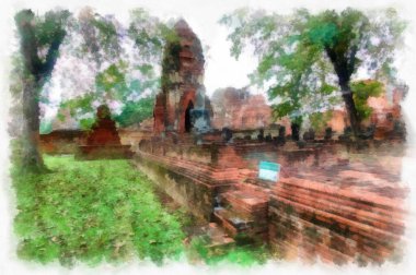 Ayutthaya Dünya Mirası 'ndaki antik harabelerin manzarası suluboya resim empresyonisti.