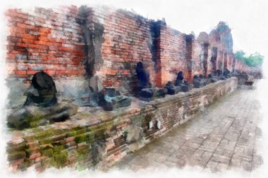 Ayutthaya Dünya Mirası 'ndaki antik harabelerin manzarası suluboya resim empresyonisti.