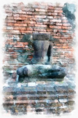 Ayutthaya Dünya Mirası 'ndaki antik harabelerin manzarası suluboya resim empresyonisti.