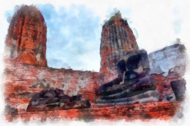 Ayutthaya Dünya Mirası 'ndaki antik harabelerin manzarası suluboya resim empresyonisti.