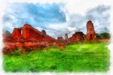 Ayutthaya Dünya Mirası 'ndaki antik harabelerin manzarası suluboya resim empresyonisti.