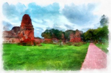 Ayutthaya Dünya Mirası 'ndaki antik harabelerin manzarası suluboya resim empresyonisti.