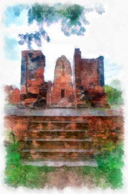 Ayutthaya Dünya Mirası 'ndaki antik harabelerin manzarası suluboya resim empresyonisti.