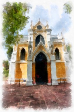 landscape of yellow ancient gothic architecture ancient church watercolor style illustration impressionist painting.