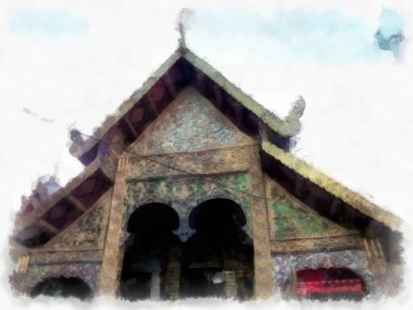 Landscape and scenery of the Ancient Architecture Council in Chiang Mai and tourist attractions of Thailand watercolor style illustration impressionist painting.