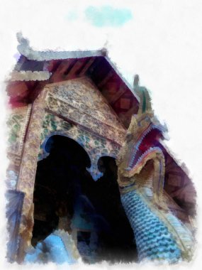 Landscape and scenery of the Ancient Architecture Council in Chiang Mai and tourist attractions of Thailand watercolor style illustration impressionist painting.