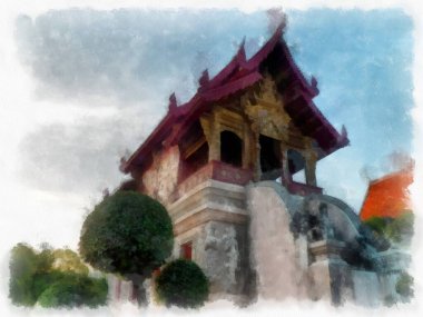 Landscape and scenery of the Ancient Architecture Council in Chiang Mai and tourist attractions of Thailand watercolor style illustration impressionist painting.
