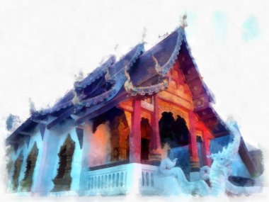 Landscape and scenery of the Ancient Architecture Council in Chiang Mai and tourist attractions of Thailand watercolor style illustration impressionist painting.