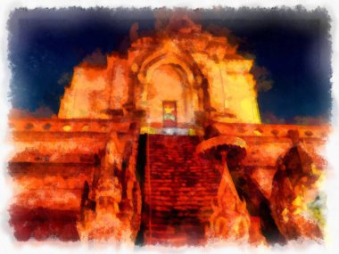 Landscape and scenery of the Ancient Architecture Council in Chiang Mai and tourist attractions of Thailand watercolor style illustration impressionist painting.