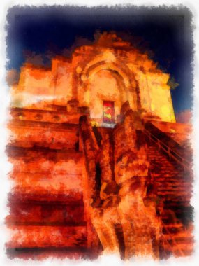 Landscape and scenery of the Ancient Architecture Council in Chiang Mai and tourist attractions of Thailand watercolor style illustration impressionist painting.