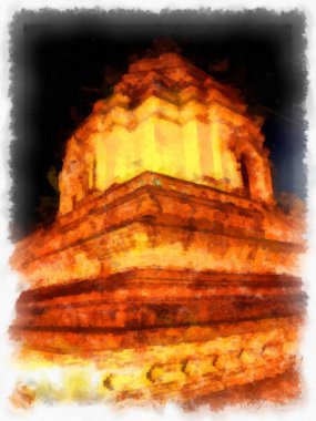 Landscape and scenery of the Ancient Architecture Council in Chiang Mai and tourist attractions of Thailand watercolor style illustration impressionist painting.