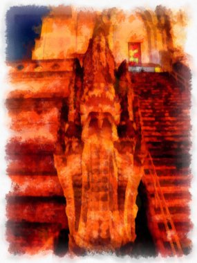 Landscape and scenery of the Ancient Architecture Council in Chiang Mai and tourist attractions of Thailand watercolor style illustration impressionist painting.