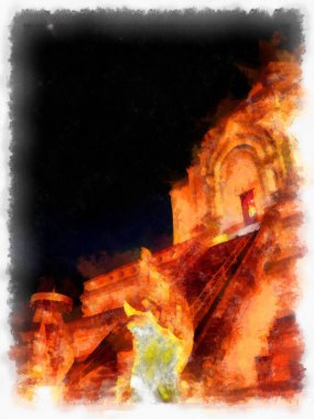 Landscape and scenery of the Ancient Architecture Council in Chiang Mai and tourist attractions of Thailand watercolor style illustration impressionist painting.