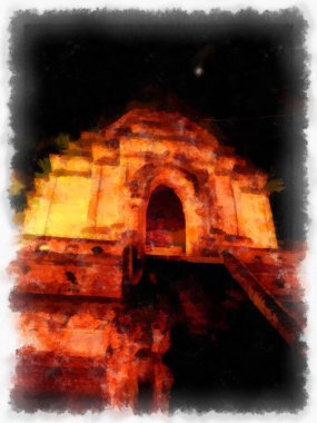 Landscape and scenery of the Ancient Architecture Council in Chiang Mai and tourist attractions of Thailand watercolor style illustration impressionist painting.