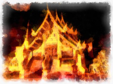 Landscape and scenery of the Ancient Architecture Council in Chiang Mai and tourist attractions of Thailand watercolor style illustration impressionist painting.