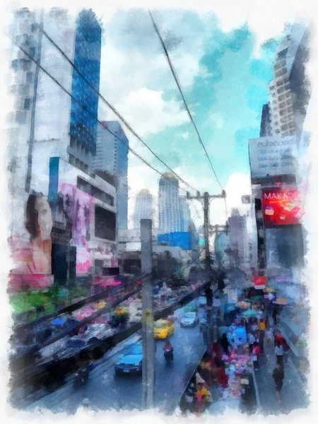 Bangkok Miasto Krajobraz Tajlandia Akwarela Styl Ilustracja Impresjonista Malarstwo — Zdjęcie stockowe