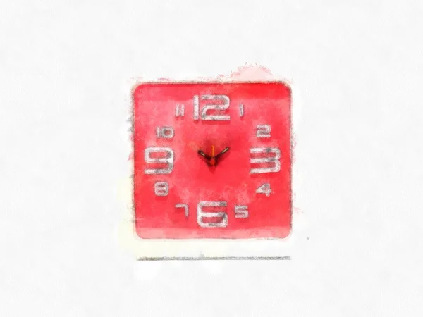 Red Clock White Background Watercolor Style Illustration Impressionist Painting — Stockfoto