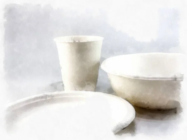 Тарілки Чаші Білі Паперові Чашки Білому Тлі Акварельний Стиль Ілюстрація — стокове фото